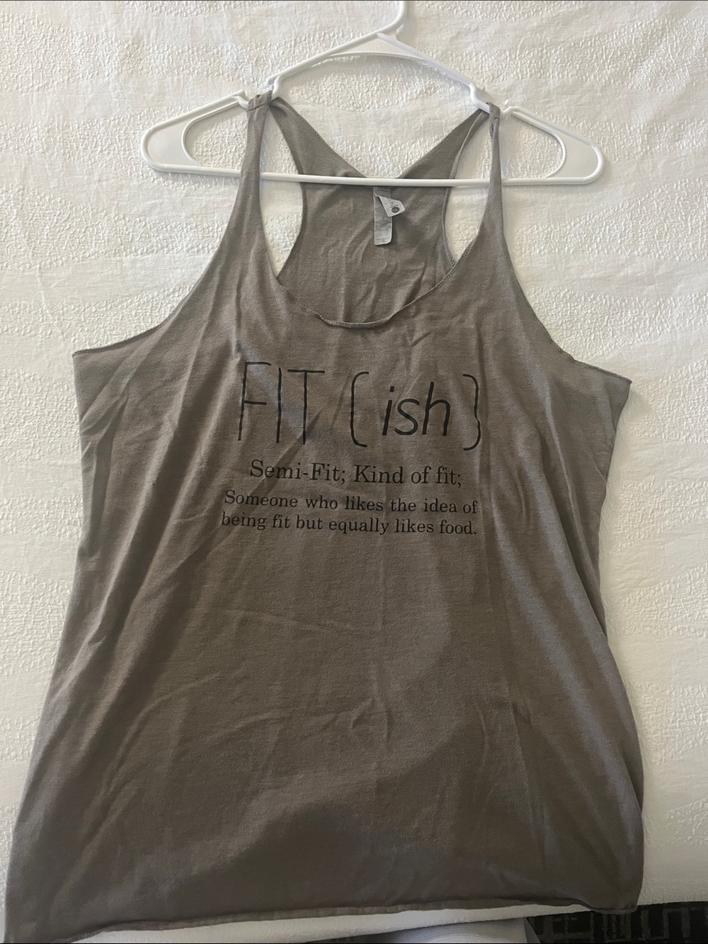 Women’s XL funny graphic design racer back t-shirt in gray with black writing.